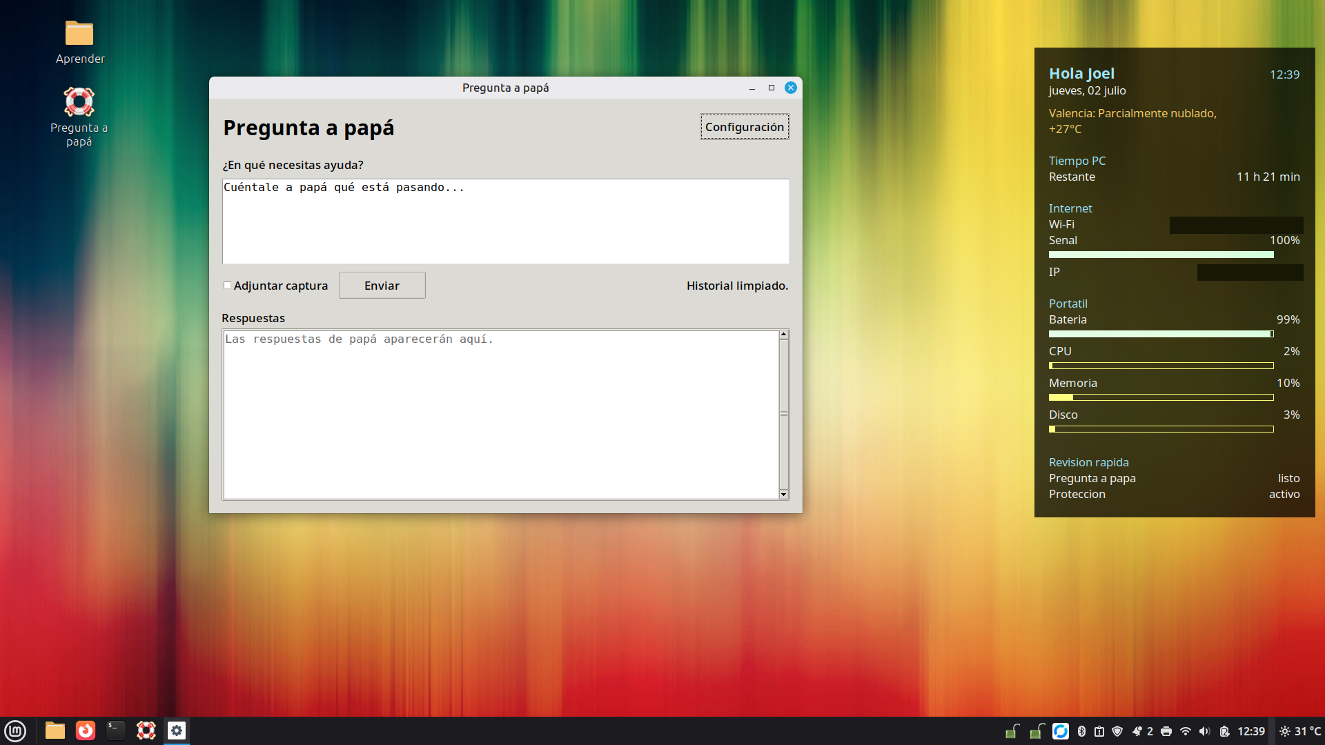 Linux Mint desktop with a Spanish Ask Dad help window and a desktop widget showing weather, time left, battery, and protection status