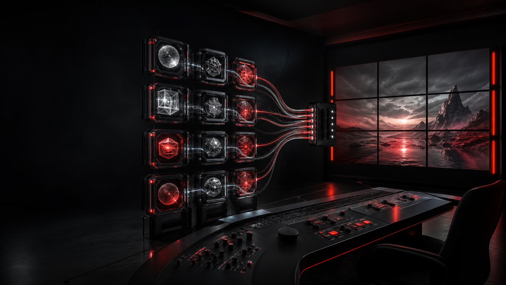 Dark creative AI routing console with multiple abstract model modules feeding a video output wall