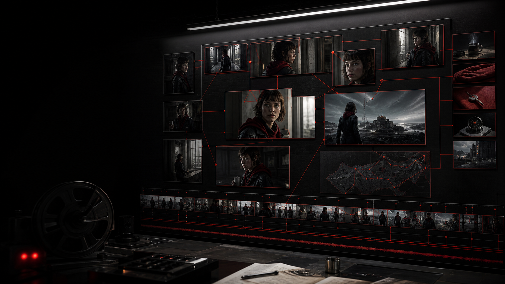 Film continuity board showing the same character across connected AI video frames