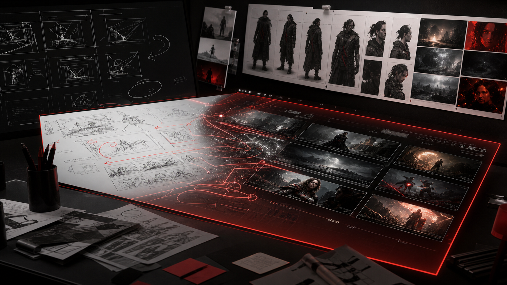 Storyboard panels, character sheets, and glowing prompt drafts on a cinematic creative desk