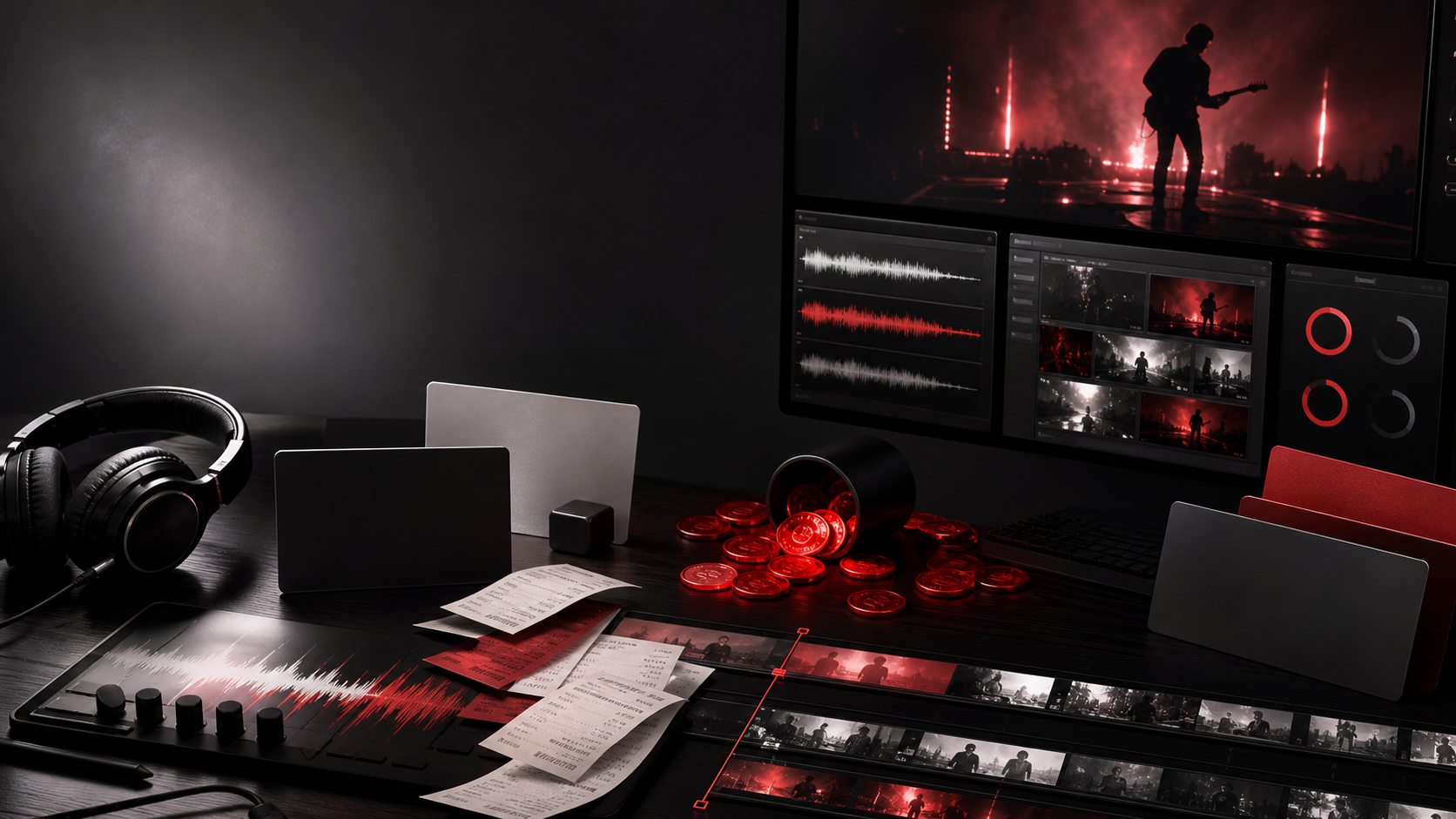 Dark music video production desk with waveforms, timelines, blank subscription cards, and glowing red generation tokens