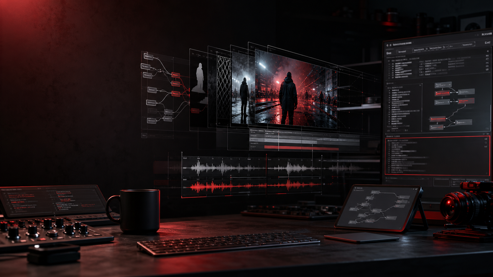 Dark workstation assembling layered video planes, masks, audio stems, and abstract code-driven composition