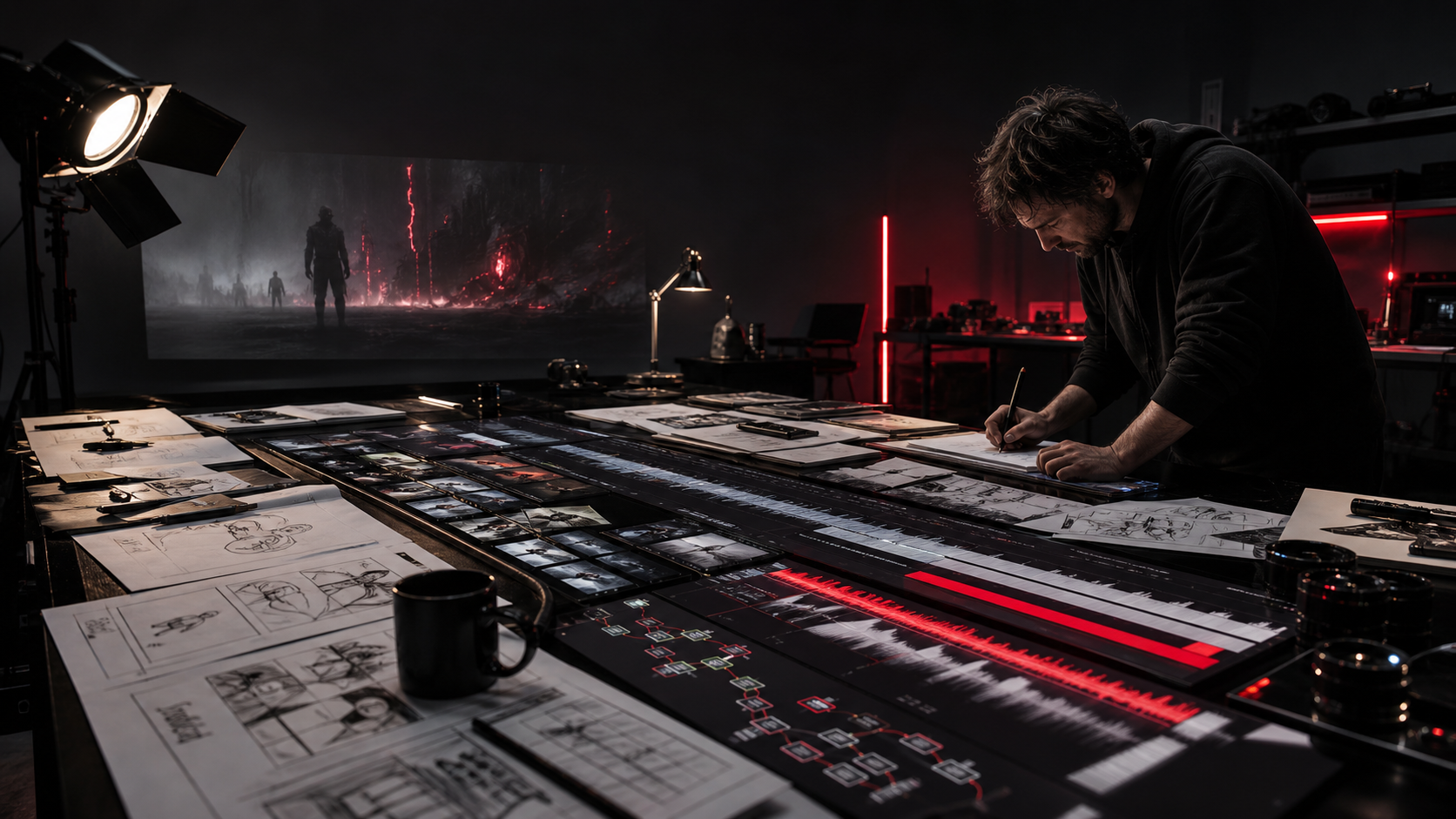 Cinematic AI video production table with storyboards, timelines, and glowing workflow materials