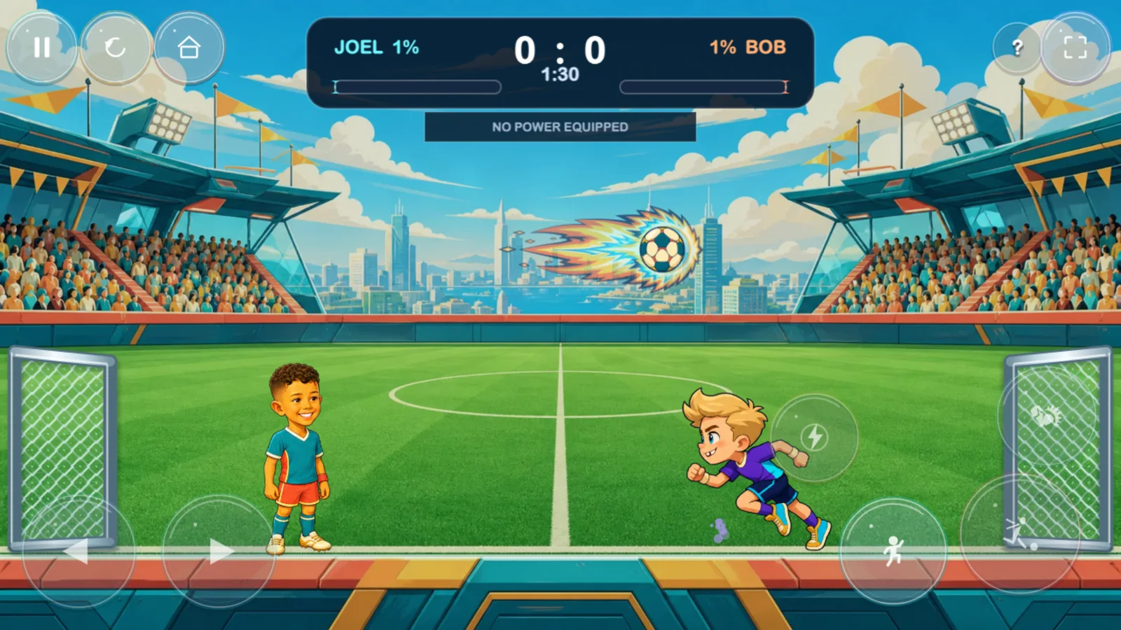 Joel faces Bob as a powered football flies across the colorful Skycourt stadium.