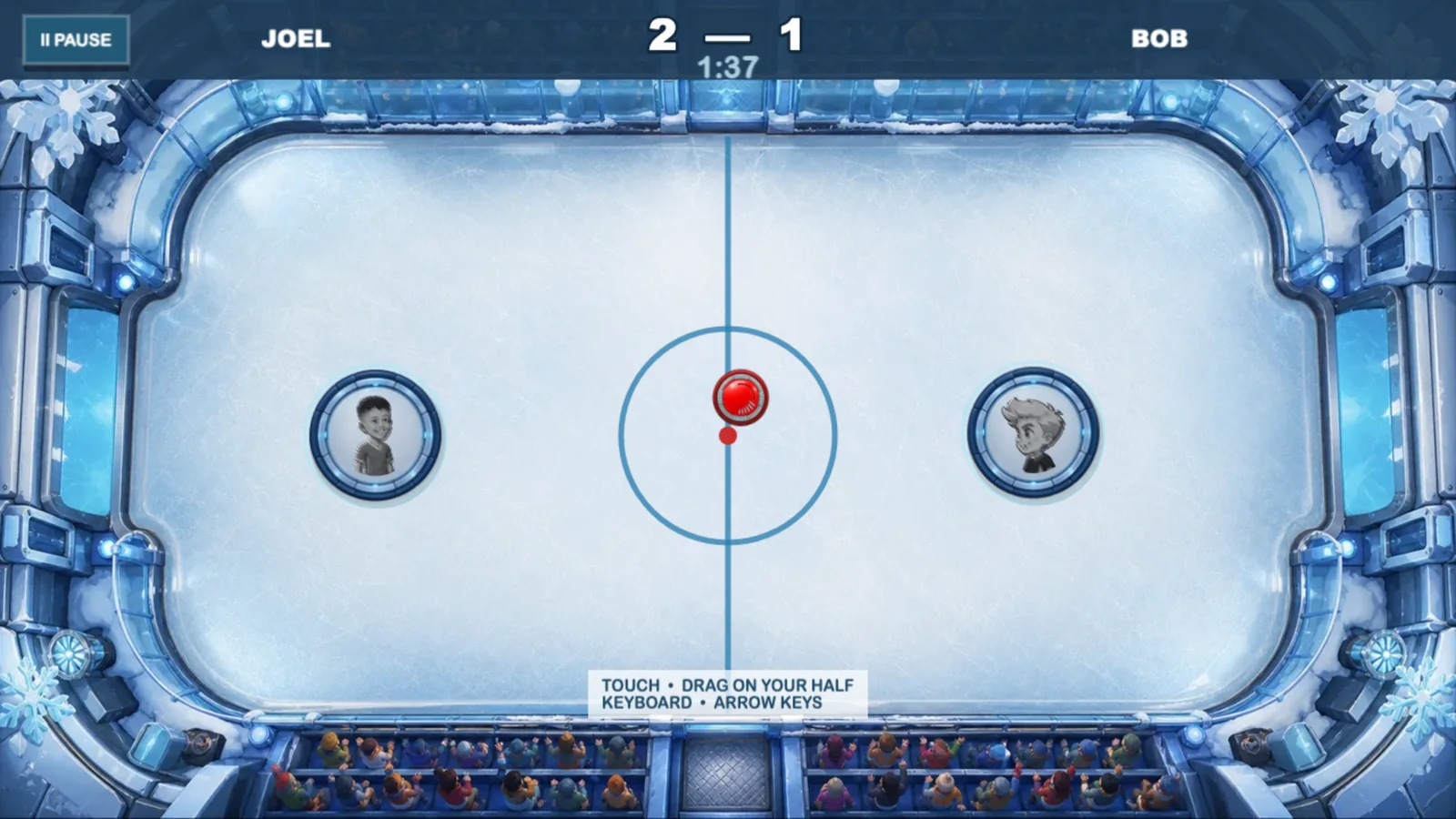 Joel and Bob compete with pushers and a red puck on the ice Disc Hockey arena.