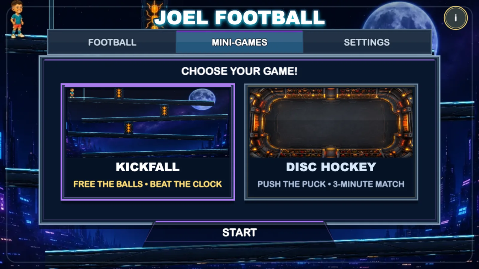 Mini-game selection featuring Kickfall and Disc Hockey.