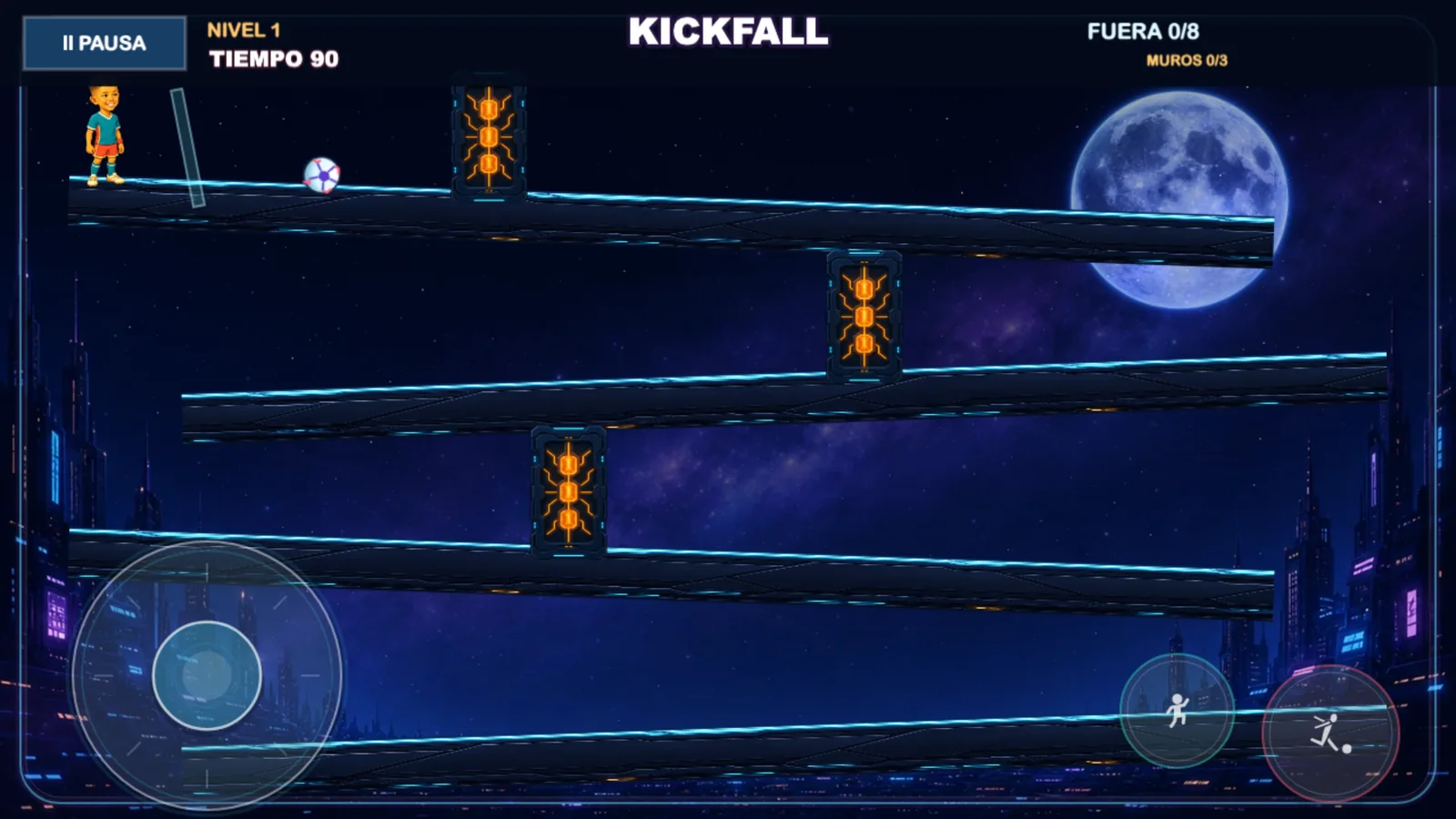 Joel guía un balón por un circuito espacial de varias alturas en Kickfall.