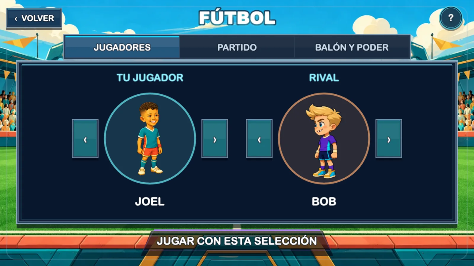 Configuración del partido con jugador, rival, dificultad, campo, balón y poder.