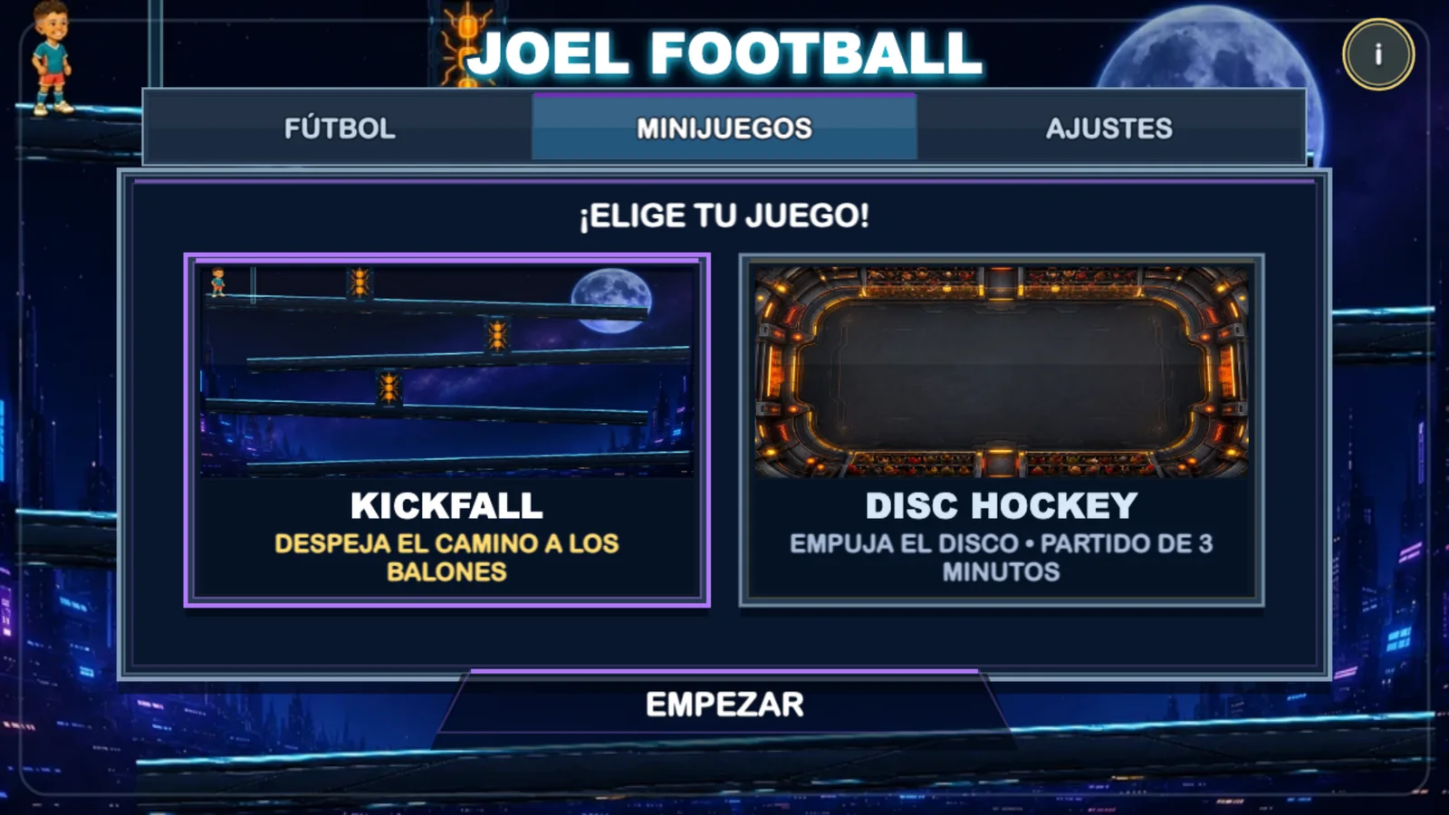 Selección de minijuegos con Kickfall y Disc Hockey.