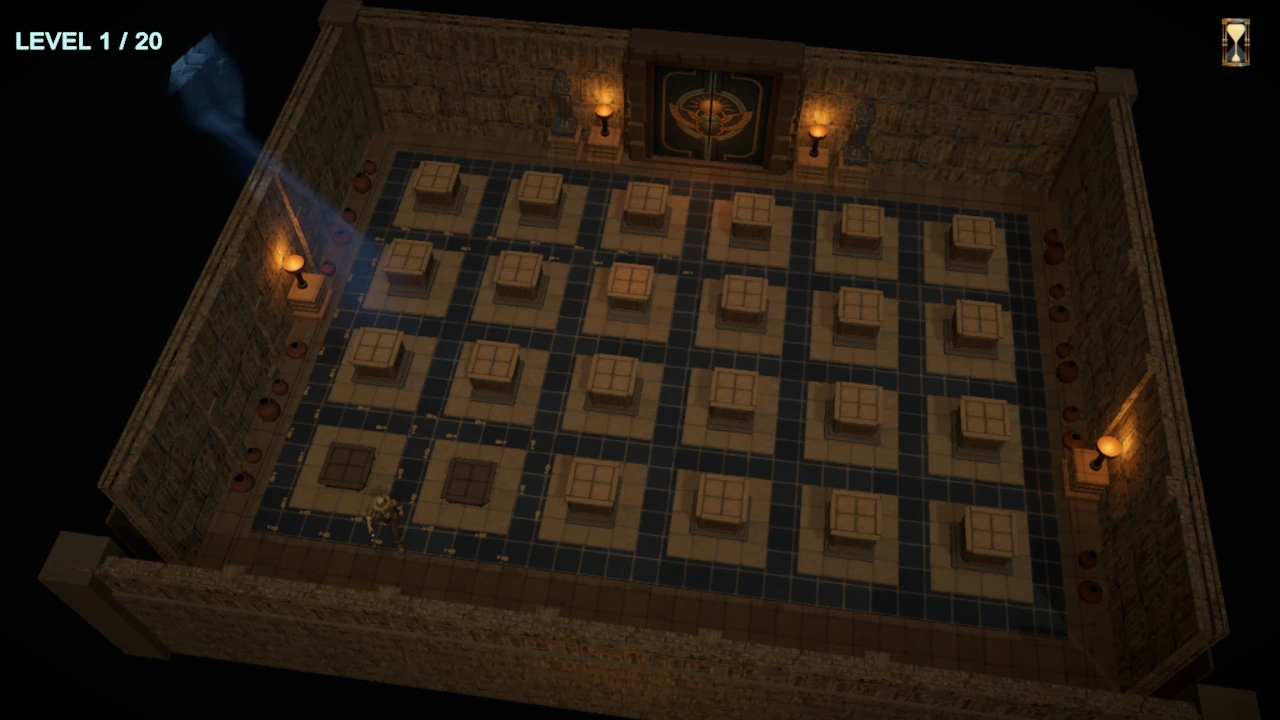 Gameplay showing the explorer leaving footprints around stone columns.