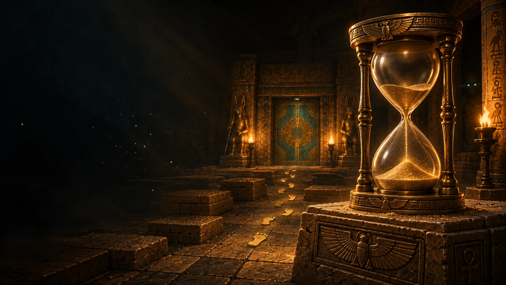 An illustrated brass hourglass counts down beside a sealed turquoise tomb doorway.