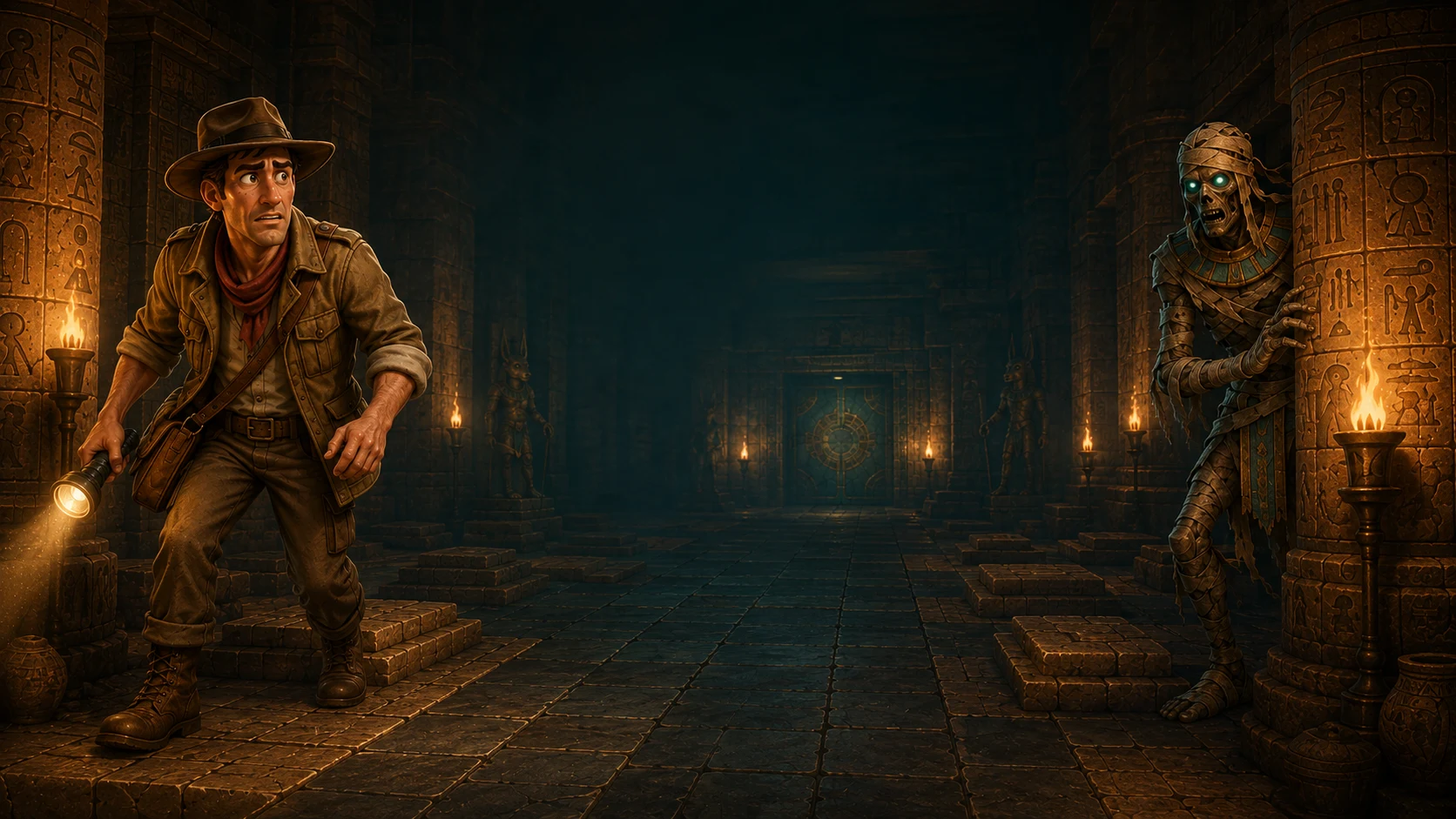The explorer and a turquoise-eyed mummy face each other across a torchlit Egyptian tomb.